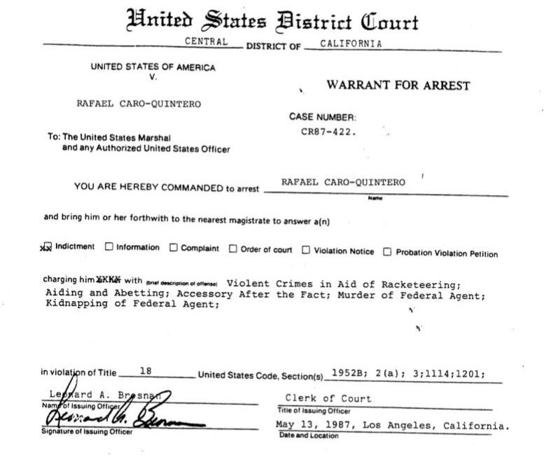 La orden de arresto de Rafael Caro Quintero, expedida el 13 de mayo de 1987, en Los Ángeles, California (EEUU).