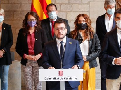 Imagen de archivo de la comparecencia del president Pere Aragonès, rodeado de todos los consejeros del Govern en septiembre pasado