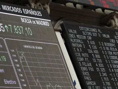 Pantalla con el principal indicador de la Bolsa espa&ntilde;ola, el IBEX 35. 