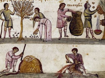 Escenas de cosecha, apicultura y caza, en un manuscrito del siglo XI de un texto de Opiano de Apamea.