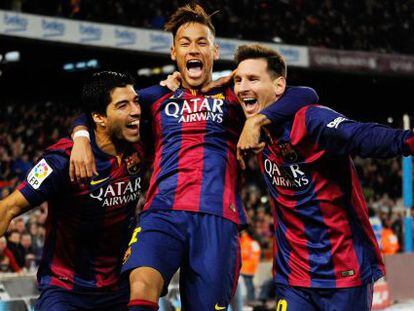 Su&aacute;rez, Neymar y Messi celebra un gol al Atl&eacute;tico.