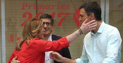 Susana D&iacute;az, Patxi L&oacute;pez y Pedro S&aacute;nchez, en el debate de aspirantes a liderar el PSOE el 15 de mayo