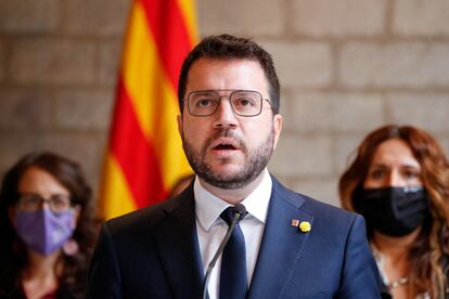El presidente de la Generalitat, Pere Aragonès, en una conferencia de prensa, en el Palau de la Generalitat, en septiembre de 2021.