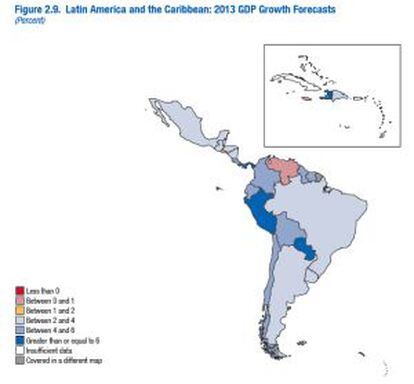 Mapa del FMI sobre las perspectivas de crecimiento de la región en términos de PIB.
