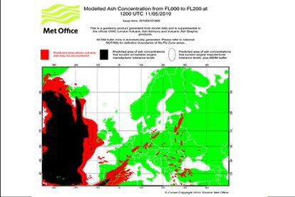 Previsiones del Control de Cenizas Volcánicas (VAAC, en sus siglas en inglés) de Londres para las 14.00 hora peninsular española de este martes 11 de mayo. La zona más oscura es la de mayor concentración de ceniza.
