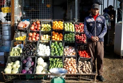 Saleh Hassan Mohammed, del distrito de Hamdaniya, en la fábrica de verduras y frutas donde trabaja en el campo Khazer. Dejó su hogar después de que el estado islámico tomara el control de Mosul en 2014.