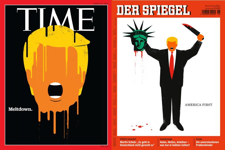 Dos de las portadas con las que el ilustrardor Edel Rodríguez se ha granjeado el odio de los seguidores de Donald Trump. A la izquierda, la dela revista 'Time', reconocida como mejor portada del año (agosto de 2016); a la derecha, la del semanario alemán 'Der Spiegel' que dio la vuelta al mundo (enero de 2017). |