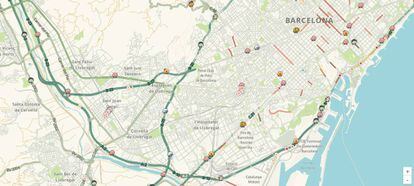 El tráfico en Barcelona, visto desde un mapa de Waze.