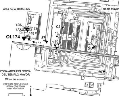 Mapa aéreo del Templo Mayor. Los números señalan las 16 ofrendas con oro encontradas en 39 años de excavaciones. El 39 y el 34 están justo donde se erigía la capilla al dios sol. A su derecha, la capilla de Tláloc. La 174 está debajo, a unos metros de las escaleras.