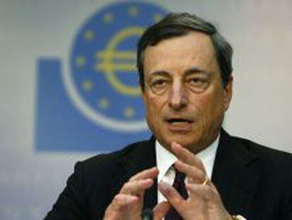 Mario Draghi, presidente del BCE, en la rueda de prensa en Fr&aacute;ncfort.