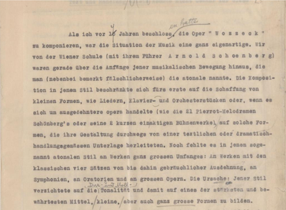 Comienzo del original mecanografiado, con anotaciones manuscritas, de la conferencia de Alban Berg sobre 'Wozzeck' con motivo de su estreno en Viena, su ciudad natal, en 1930.