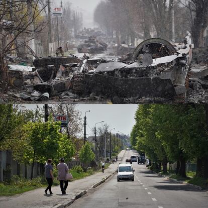Above, view of the Bucha Station street in April, after the withdrawal of Russian troops;  below, as it is these days.