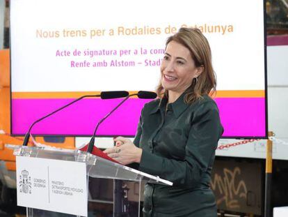 La ministra de Transportes, Raquel Sánchez, esta mañana durante el acto de adquisicón de 97 trenes para Rodalies.