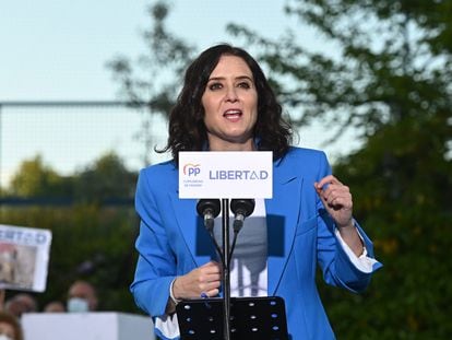 La candidata del PP a la presidencia de la Comunidad de Madrid, Isabel Díaz Ayuso, durante el acto de campaña celebrado este jueves en Madrid.