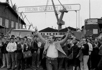 Lech Walesa en un una movilización en Gdansk en 1983.