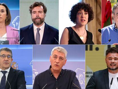 Cuca Gamarra (PP), Iván Espinosa de los Monteros (Vox), Aina Vidal (Sumar), Aitor Esteban (PNV),  Patxi López (PSOE), Oskar Matute (EH Bildu) y Gabriel Rufián (ERC).