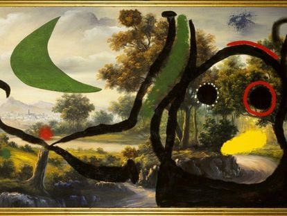 'Personajes en un paisaje cercano al pueblo', una de las pinturas 'pompier' de Joan Miró de 1965. / FUNDACIÓN JOAN MIRÓ