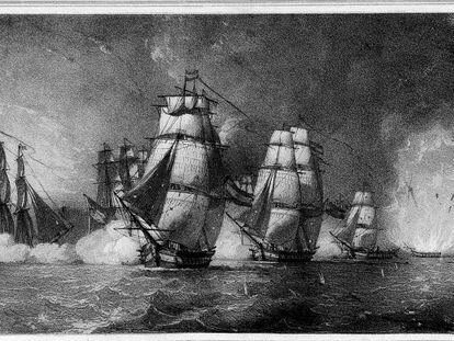 Ilustraci&oacute;n de la explosi&oacute;n de la fragata Nuestra Se&ntilde;ora de las Mercedes (1804), hundida por los ingleses.