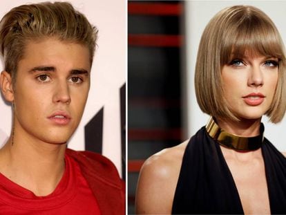 Los cantantes Justin Bieber y Taylor Swift.