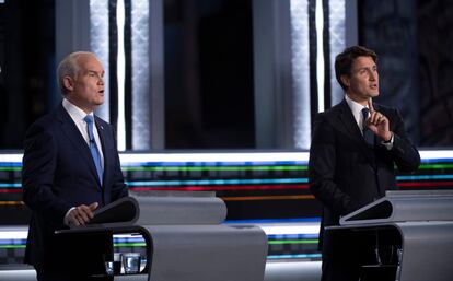 O'Toole and Trudeau during the French language candidate debate on September 8.