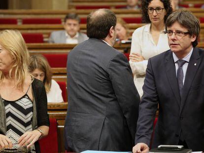 Munté, Junqueras y Puigdemont, este miércoles en el Parlament.