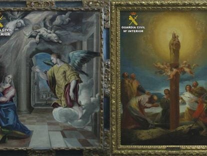 &#039;La Anunciaci&oacute;n&#039; de El Greco y &#039;La Aparici&oacute;n de la Virgen del Pilar&#039; de Goya (a la derecha), en una imagen facilitad por la Guardia Civil en 2011. 