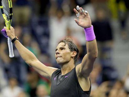 Rafa Nadal celebra su victoria contra Diego Schwartzman en el partido de tenis de cuartos de final del Abierto de Estados Unidos 2019.