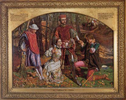 Lienzo de William Holman Hunt: 'Valentine rescatando a Silvia de Proteo' (1850-1). 'Los caballeros de Verona'. Óleo 98,5x133,3 cm. Colección Museo de Birmingham (Reino Unido).