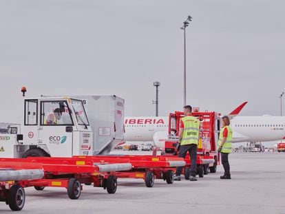 Operarios de los servicios de Iberia a pie de pista.