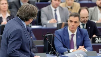 Strasbourg (France), 13/12/2023.- Former Catalan regional premier Carles Puigdemont speaks during a debate on 'Review of the Spanish Presidency of the Council' at the European Parliament in Strasbourg, France, 13 December 2023. (Francia, Estrasburgo) EFE/EPA/RONALD WITTEK
