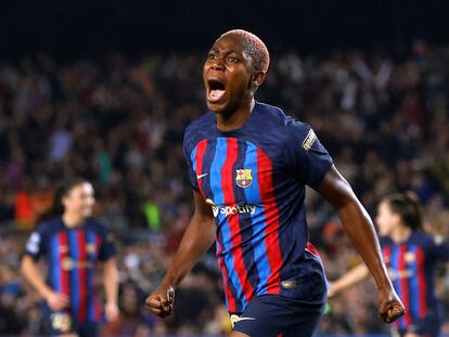 Osohala celebra su primer gol ante el Rosengard, este miércoles en el Camp Nou.