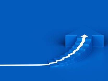 White arrow following the spiral staircase of growth on blue background, 3D arrow climbing up over spiral staircase, 3d stairs with arrow going upward, 3d rendering