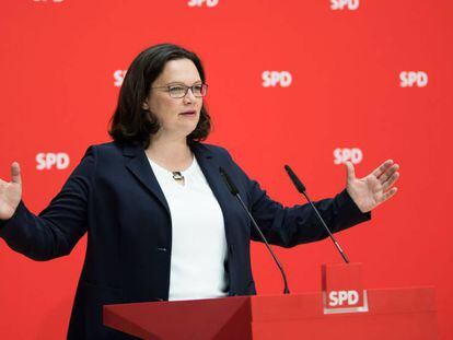 Andrea Nahles, líder del SPD, en una rueda de prensa en Berlín este martes. 