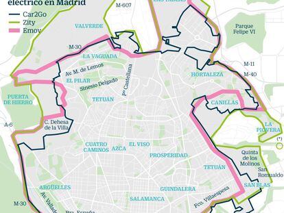 Áreas en la que prestan servicio las tres empresas de coche compartido eléctrico en Madrid