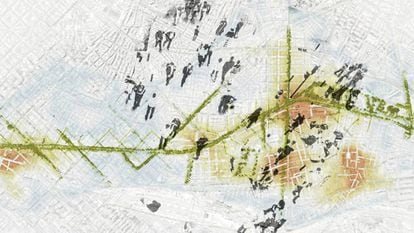 La calle como franja. Estrategia urbana transversalización. Fuente: Procés de reflexió participada sobre els eixos transversals a la Meridiana (M. Mayorga, X. Abadía, M. Ramos, T. López, M. P. Fontana y G. Clavera).