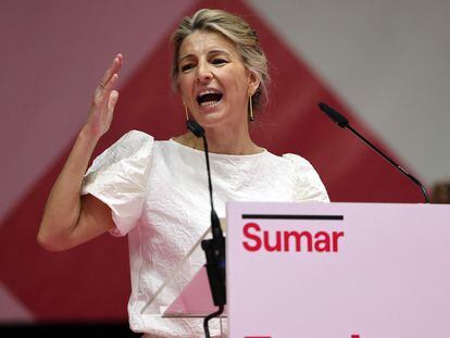 La vicepresidenta segunda del Gobierno, Yolanda Díaz, este domingo en Madrid en el acto de Sumar en el que presenta su candidatura a las elecciones generales de diciembre.
