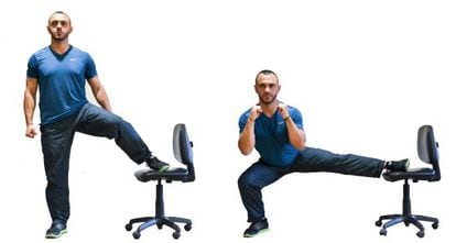 La zancada lateral: uno de los siete ejercicios que se pueden hacer con una silla.