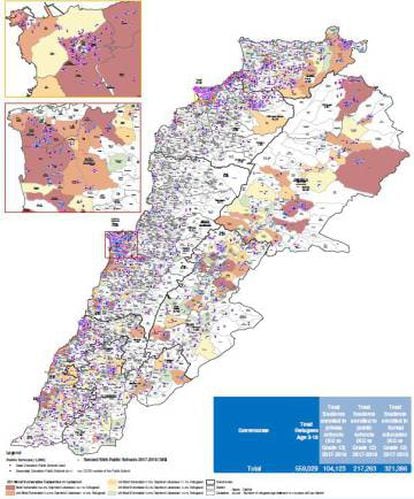 Distribución geográfica de los alumnos no libaneses matriculados en la educación formal (básica y secundaria), en el sector público y privado.