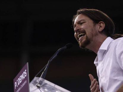 Pablo Iglesias en la asamblea de Podemos. En plaza de toros de Vistaalegre. Foto: Luis Sevillano.