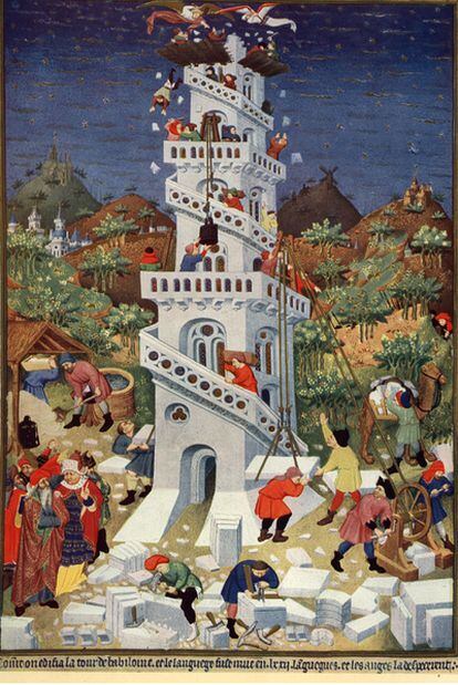 La torre de Babel en un dibujo del <i>Libro de horas de Bedford</i> (hacia 1423).