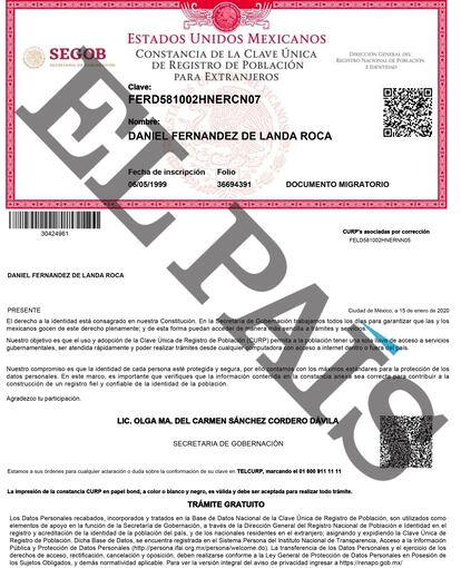 Documento de extranjería en México del prófugo ultra Daniel Fernández de Landa Roca.