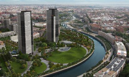 Proyección municipal del ámbito urbanístico del Calderón, que incluye dos rascacielos de 36 pisos junto al río Manzanares.