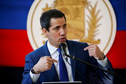 Juan Guaidó during a meeting with journalists in Caracas.