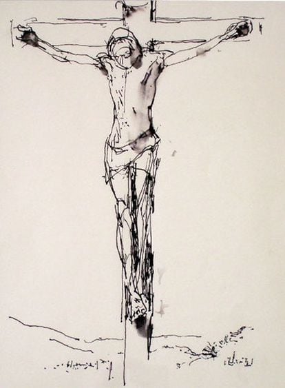 <i>Dibujo de la 'Crucifixión',</i> realizado por John Berger el Viernes Santo de 2008 en la National Gallery de Londres.