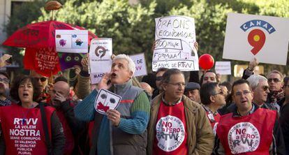 Protesta en Valencia de trabajadores de la Canal 9, en 2013.
