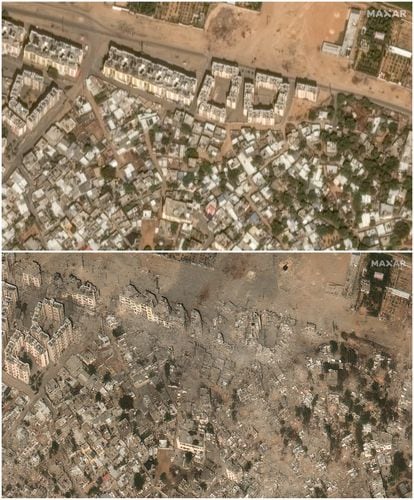 Vista del antes y el después de la ciudad de Beit Hanun, al noreste de la franja de Gaza. Arriba, una imagen del 10 de octubre, y abajo, una del 21 del mismo mes. 