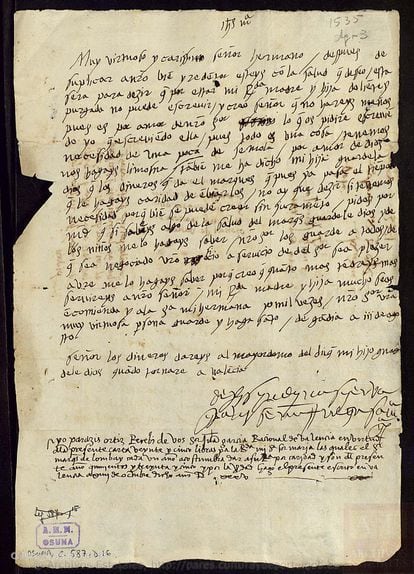 Carta de María Enríquez desde el convento de Santa Clara de Gandía.