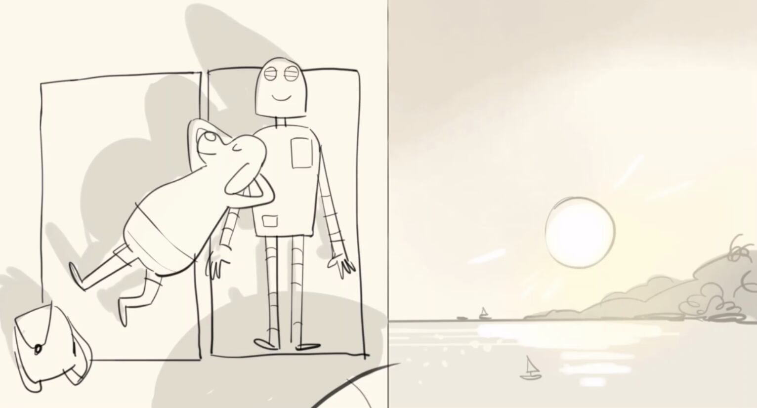 Imagen animática del 'storyboard' de 'Robot Dreams', dibujada por Maca Gil.