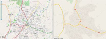Comparación de la información sobre la ciudad guineana de Guédekou en Open Street Map y en Google Maps.