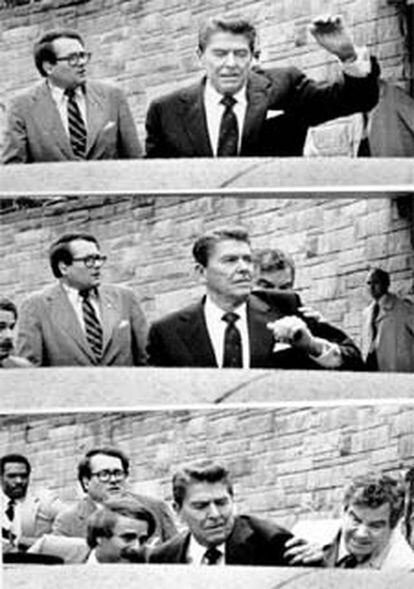 Agentes de los servicios secretos conducen al ex presidente Reagan a su limusina, después del atentado a tiros que sufrió a la salida de un hotel en Washington en marzo de 1981